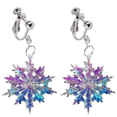 Christmas Clip on Earrings for Women Non Pierced Blue Purple Fantasy Snowflake Drop Earring, Lightweight Dreamy Dangle Trendy Jewelry Winter Season