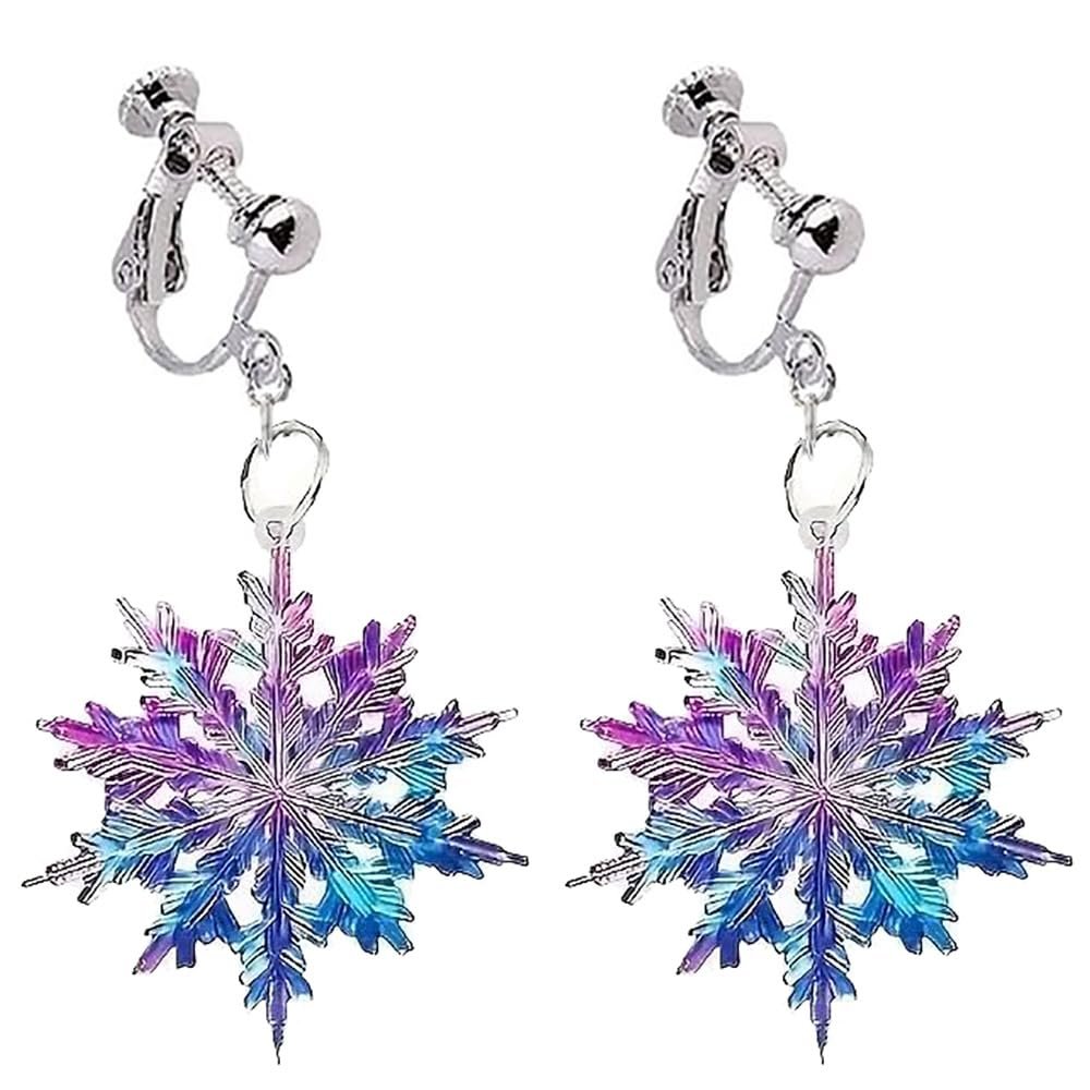 Christmas Clip on Earrings for Women Non Pierced Blue Purple Fantasy Snowflake Drop Earring, Lightweight Dreamy Dangle Trendy Jewelry Winter Season