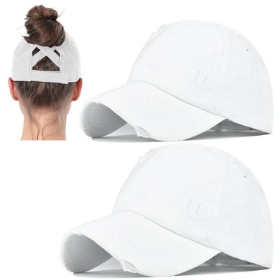 2 Packs Womens Ponytail Criss Cross Hat Baseball Cap Distressed Ponytail Hat High Messy Bun Trucker Ponycap White
