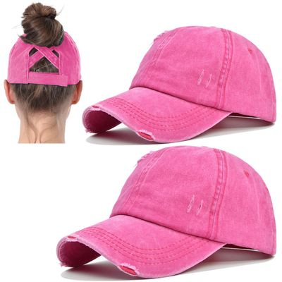 2 Packs Womens Ponytail Criss Cross Hat Baseball Cap Distressed Ponytail Hat High Messy Bun Trucker Ponycap Rose Red