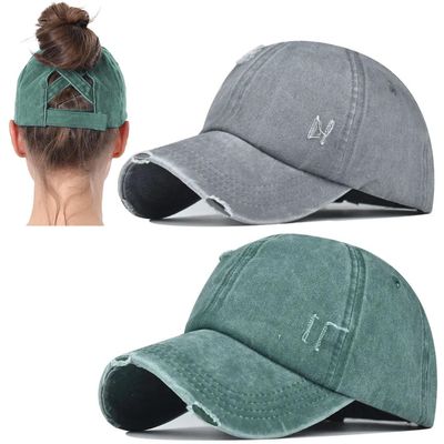 2 Packs Womens Ponytail Criss Cross Hat Baseball Cap Distressed Ponytail Hat High Messy Bun Trucker Ponycap