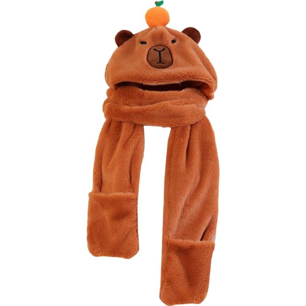 Luxylei 3 in 1 Cute Capybara Hat Scarf Gloves Set Warm Capybara Plush Hooded Scarf Beanie Caps Perfect Winter Gift for Women Girls