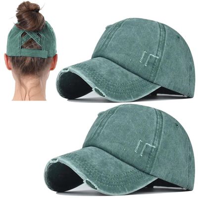 2 Packs Womens Ponytail Criss Cross Hat Baseball Cap Distressed Ponytail Hat High Messy Bun Trucker Ponycap Green
