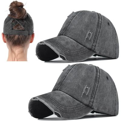 2 Packs Womens Ponytail Criss Cross Hat Baseball Cap Distressed Ponytail Hat High Messy Bun Trucker Ponycap Black