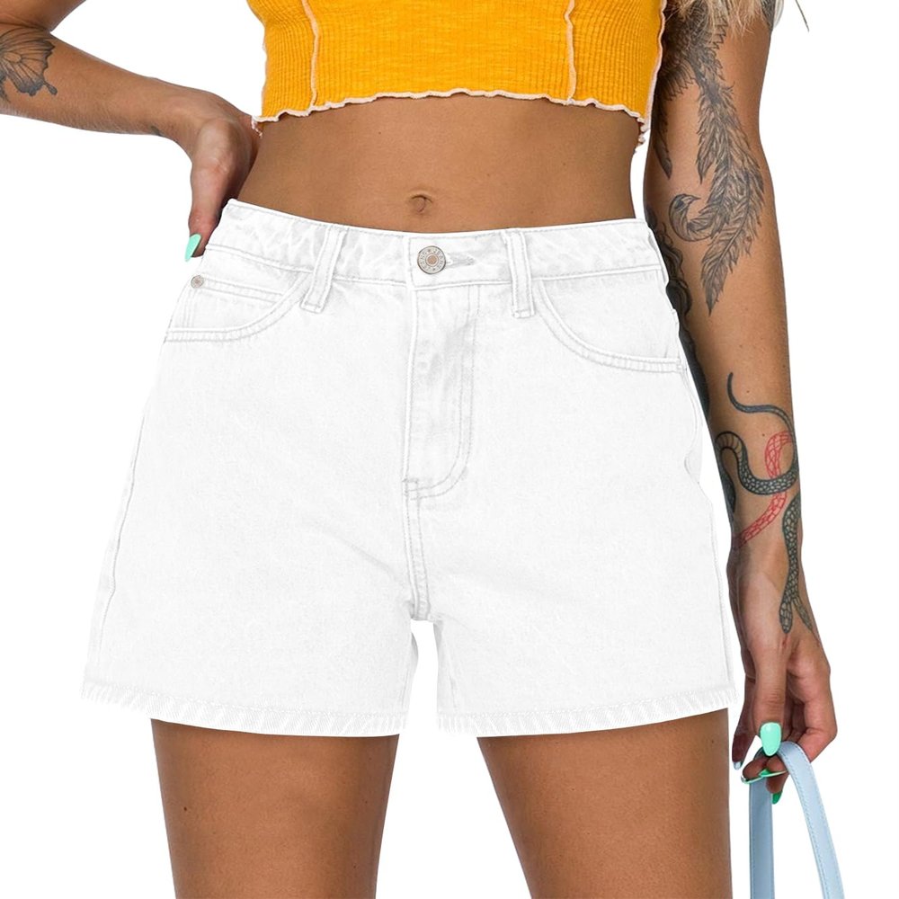 onlypuff Womens High Waisted Denim Shorts Stretchy Jean Shorts Cuffed Summer Hot Pants White L