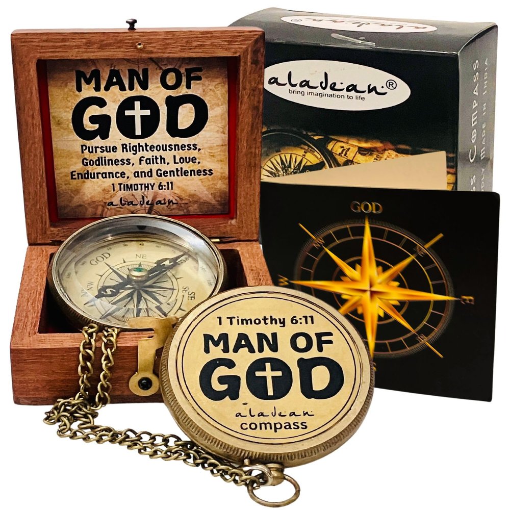 Man of God Engraved Compass - 1 Timothy 6:11 Inspirational Religious Gifts for Men Catholic Christian Gifts Teenage Boys Girls Baptism Communion Graduation Gifts (Man of God)