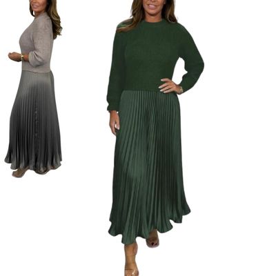 Women's Solid Color Long Sleeve Jumper & Pleated Bottom Dress Fashion Sweatshirt Top and Pleated Bottom Jasperbelly (Green,X-Large)