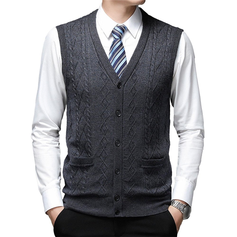 Men's Knitted Vest Cardigan Casual Solid Color Sleeveless Knit Sweater Winter Wool V Neck Knits Vests (Grey2,3X-Large)