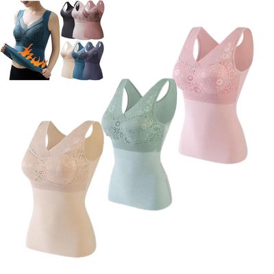 3PC Thermal Underwear Bra Women, Plus Velvet Thick Sexy Lace Seamless Bras Vest with Chest Pads, Winter Warm Bottoming Tops