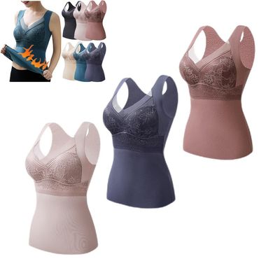3PC Thermal Underwear Bra Women, Plus Velvet Thick Sexy Lace Seamless Bras Vest with Chest Pads, Winter Warm Bottoming Tops