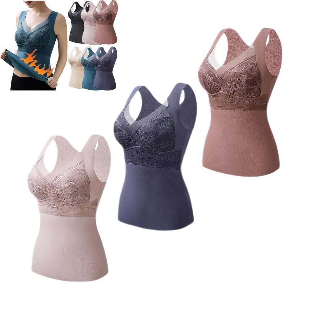 3PC Thermal Underwear Bra Women, Plus Velvet Thick Sexy Lace Seamless Bras Vest with Chest Pads, Winter Warm Bottoming Tops