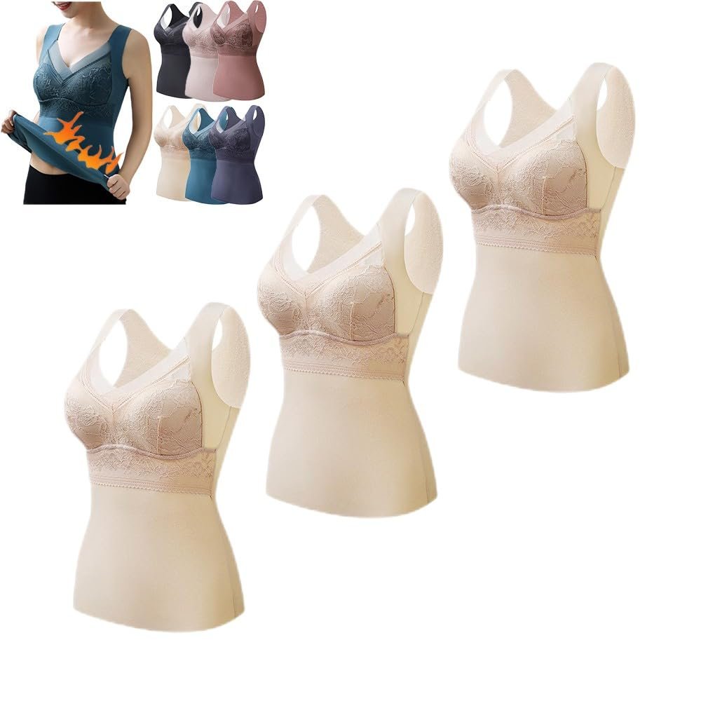3PC Thermal Underwear Bra Women, Plus Velvet Thick Sexy Lace Seamless Bras Vest with Chest Pads, Winter Warm Bottoming Tops