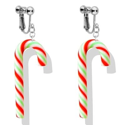 Christmas Clip On Earrings for Women, Non Pierced Glitter Dangle Jewelry, Red Green Jingle Bell, Cute Colorful Candy Cane Design, Festive Holiday Party Accessory, Lightweight Xmas Present