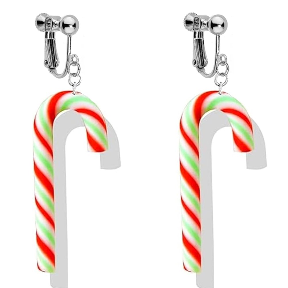 Christmas Clip On Earrings for Women, Non Pierced Glitter Dangle Jewelry, Red Green Jingle Bell, Cute Colorful Candy Cane Design, Festive Holiday Party Accessory, Lightweight Xmas Present