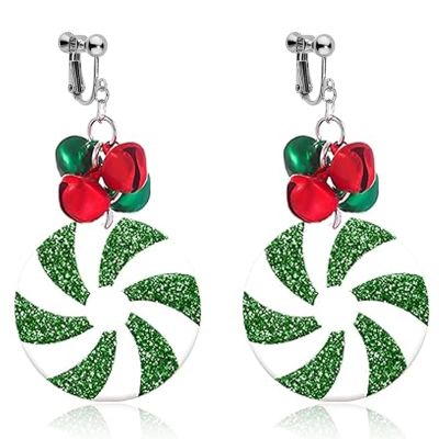 Christmas Clip On Earrings for Women, Non Pierced Glitter Dangle Jewelry, Red Green Jingle Bell, Cute Colorful Candy Cane Design, Festive Holiday Party Accessory, Lightweight Xmas Present