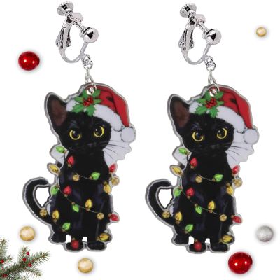 Christmas Clip On Earrings for Women, Non Pierced Dangle Jewelry, Black Pet Cute Cat Sock Stocking Retro Acrylic Holiday Festive Dangle Earrings
