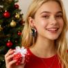 Christmas Clip On Earrings for Women, Non Pierced Dangle Jewelry, Black Pet Cute Cat Sock Stocking Retro Acrylic Holiday Festive Dangle Earrings view 2
