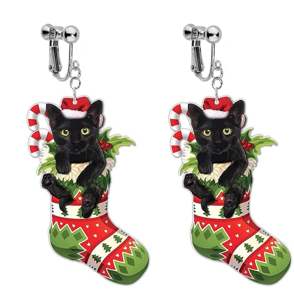 Christmas Clip On Earrings for Women, Non Pierced Dangle Jewelry, Black Pet Cute Cat Sock Stocking Retro Acrylic Holiday Festive Dangle Earrings