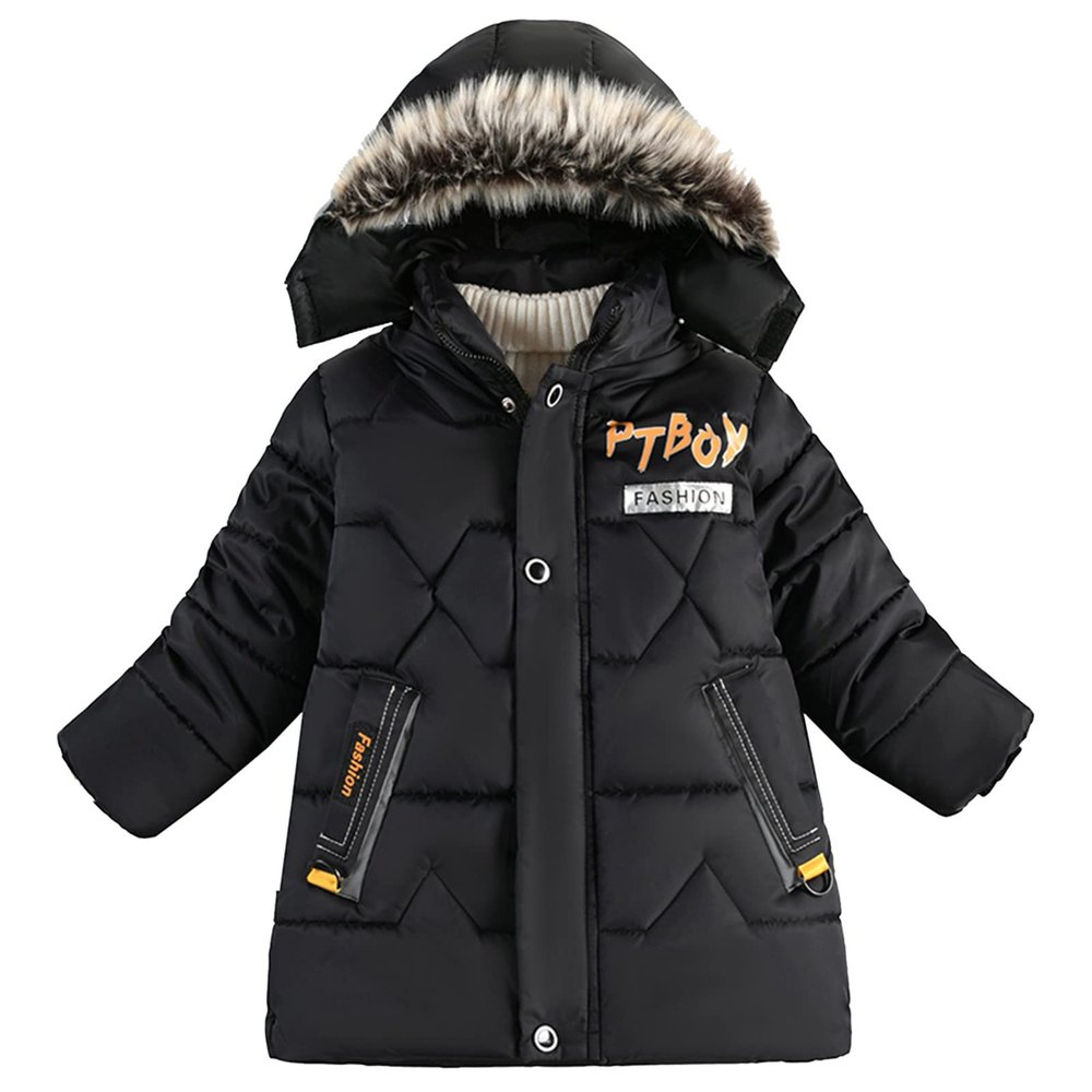 Boy's Winter Coat Kids Heavyweight Hooded Puffer Jacket Thicken Warm Long Parka with Faux Fur Collar (Black, 5 Years)