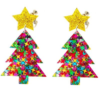 Clip on Earrings Non Pierced for Women Screw Back Heart Star Tree Acrylic Holiday Christmas Drop Dangle Trendy Jewelry