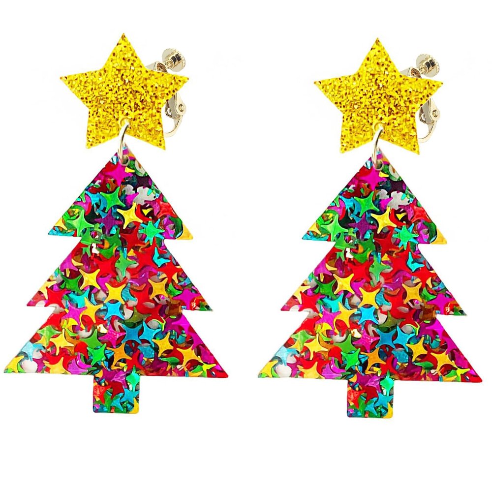 Clip on Earrings Non Pierced for Women Screw Back Heart Star Tree Acrylic Holiday Christmas Drop Dangle Trendy Jewelry