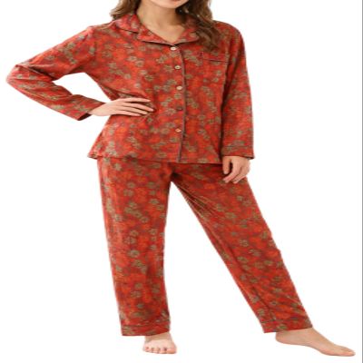 Cuixoc Ginkgo Leaf Button Colorful Floral Pure Pajama,Vintage Leaf Cotton Lapel Loungewear Set,Cozy Pure Cotton Housecoat (US, Alpha, Medium, Regular, Regular, Red Small Floral)