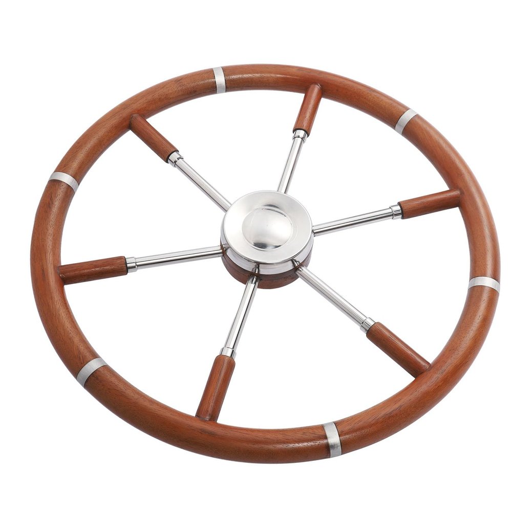 Marine Boat Steering Wheel, Acouto Teak Wood Handle Boat Steering Wheel, Retro Design 6 Spoke Stainless Steel Center Frame, 17.72in Diameter, 1.4in Tube, Fits 5/8in Tapered Shaft Helms