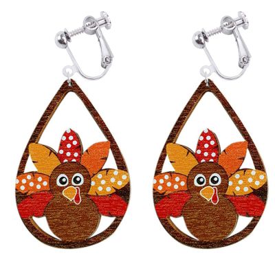 Thanksgiving Clip on Earrings for Women Non Pierced Turkey Autumn Fall Big Holiday Jewelry Cute Christmas Dangle Fake Wooden Orange