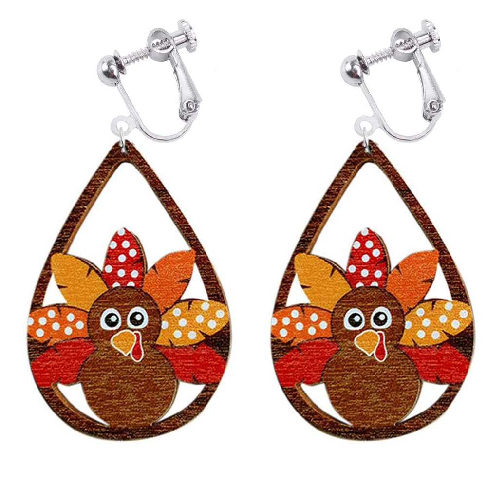 Thanksgiving Clip on Earrings for Women Non Pierced Turkey Autumn Fall Big Holiday Jewelry Cute Christmas Dangle Fake Wooden Orange