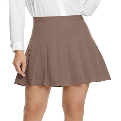 EXCHIC Women's High Waist Pleated Skater School Tennis Skirts (Light Brown, XL)