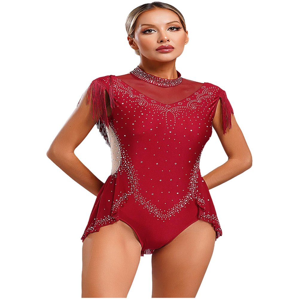 FEESHOW Women's Rhinestone Gymnastics Leotard Sleeveless Tassel Skirted Leotard Figure Skating Dance Costume Burgundy Large