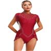 FEESHOW Women's Rhinestone Gymnastics Leotard Sleeveless Tassel Skirted Leotard Figure Skating Dance Costume Burgundy Large view 1