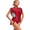 FEESHOW Women's Rhinestone Gymnastics Leotard Sleeveless Tassel Skirted Leotard Figure Skating Dance Costume Burgundy Large view 2