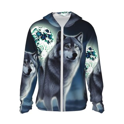 Dwrepo UPF 50+ Wolf Under Moon Print Sun Protection Hoodie Jacket Full Zip Long Sleeve Sun Shirt XX-Large Black