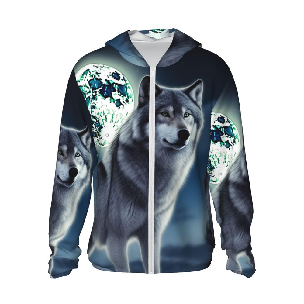 Dwrepo UPF 50+ Wolf Under Moon Print Sun Protection Hoodie Jacket Full Zip Long Sleeve Sun Shirt XX-Large Black