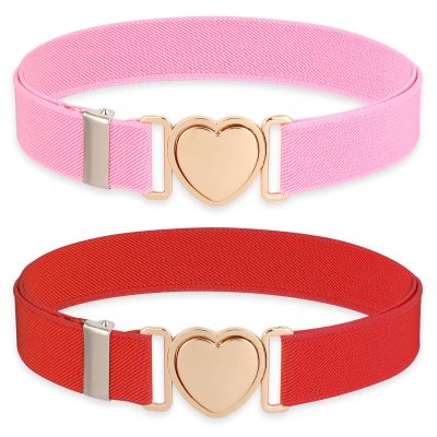 Molain 2 Pcs Girls Belt for Waist Size 15-30", PU Leather Waist Belt, Elastic Stretch Belts for Kids Dress Jeans (Red,Pink)