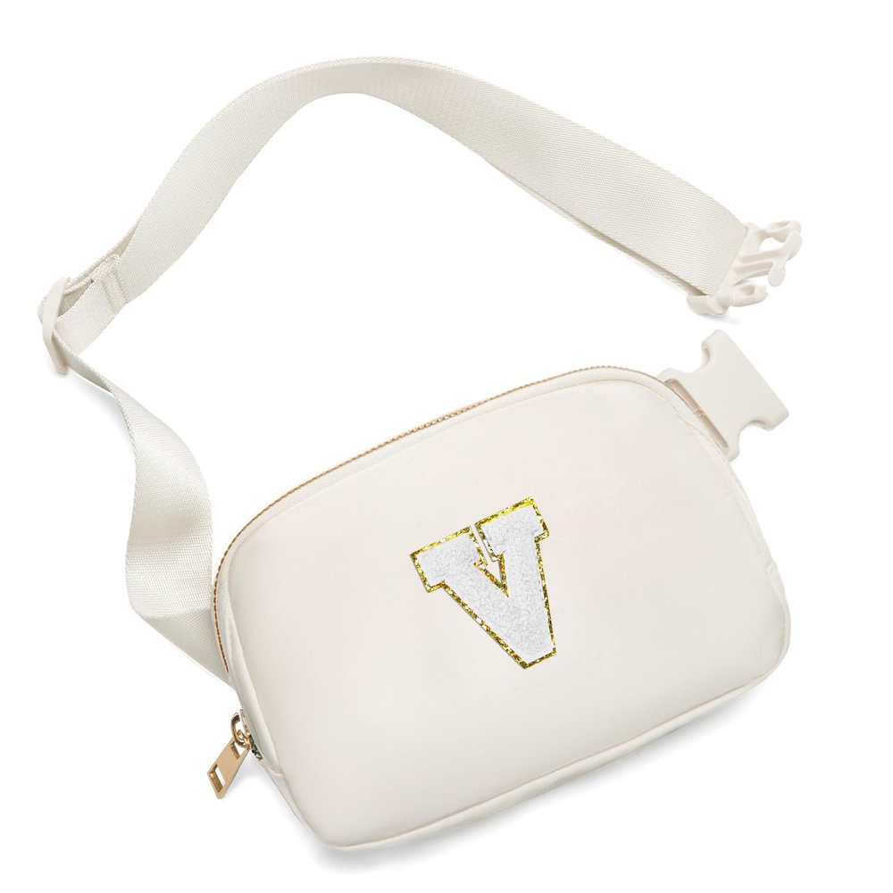 Gitus Birthday Gifts for 8 9 10 11 12 13 Year Old Girls Personalized Fanny Pack Crossbody Bags with Initial Letter Patch Belt Bag for Teen Girls Cute Trendy Stuff Travel Essentials (Ivory-V)