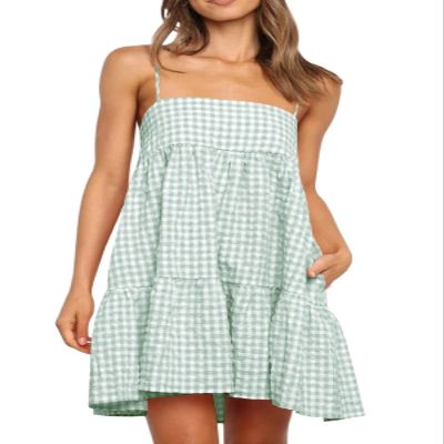 LPCBDEE Womens A-line Plaid Dresses Ruffle Hem Shoulder Straps Casual Mini Dress with Side Pocket Pea Green