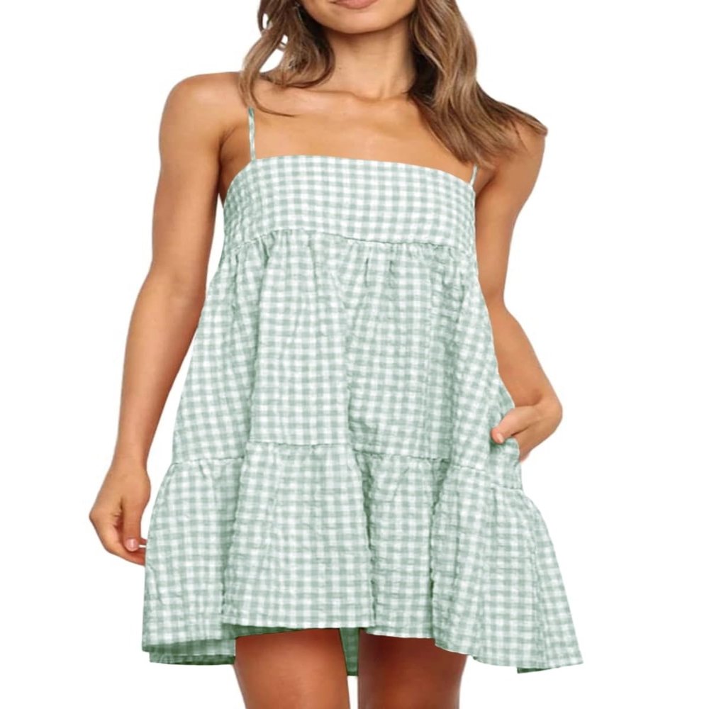 LPCBDEE Womens A-line Plaid Dresses Ruffle Hem Shoulder Straps Casual Mini Dress with Side Pocket Pea Green