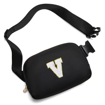 Gitus Birthday Gifts for 8 9 10 11 12 13 Year Old Girls Personalized Fanny Pack Crossbody Bags with Initial Letter Patch Belt Bag for Teen Girls Cute Trendy Stuff Travel Essentials (Black-V)