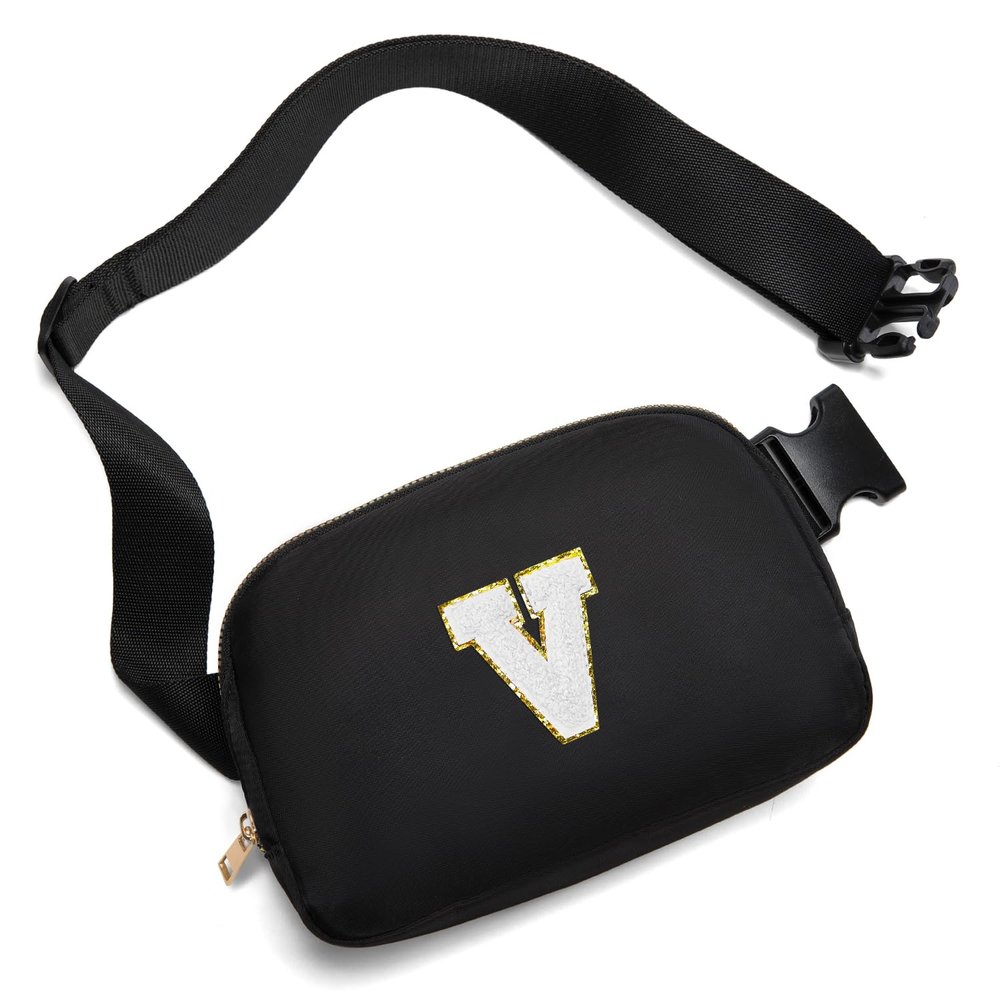 Gitus Birthday Gifts for 8 9 10 11 12 13 Year Old Girls Personalized Fanny Pack Crossbody Bags with Initial Letter Patch Belt Bag for Teen Girls Cute Trendy Stuff Travel Essentials (Black-V)