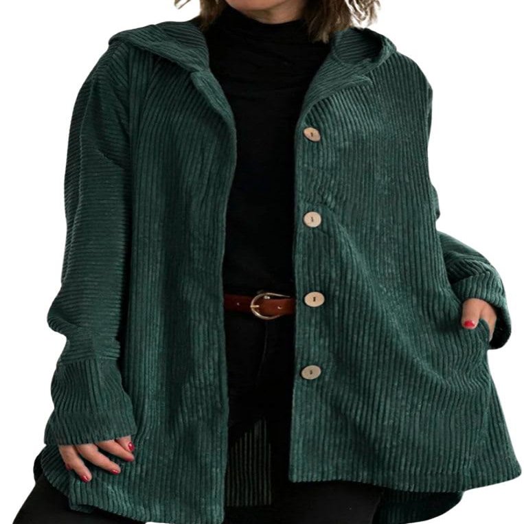 chouyatou Women's Fall Corduroy Jacket with Hood Casual Button Down Hooded Loose Corduroy Jackets with Pockets (Medium, Green)