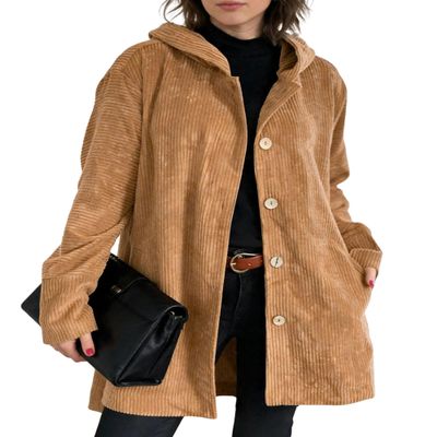 chouyatou Women's Spring Fall Corduroy Jacket with Hood Casual Loose Button Down Hooded Corduroy Trench Coat Outerwear (Large, Brown)