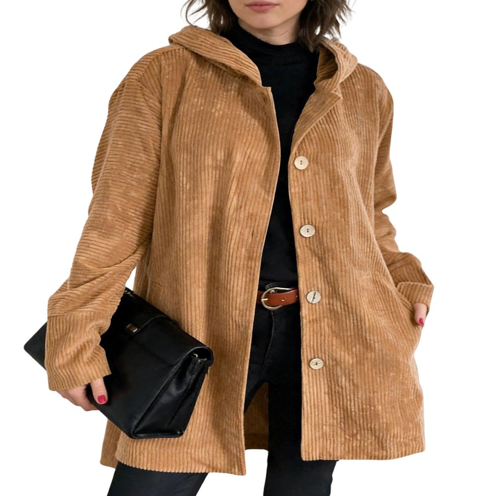 chouyatou Women's Spring Fall Corduroy Jacket with Hood Casual Loose Button Down Hooded Corduroy Trench Coat Outerwear (Large, Brown)