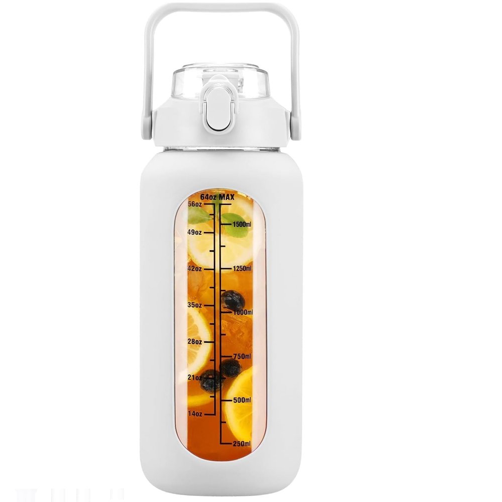 64 oz Glass Water Bottle with Straw and 1Lids, Half Gallon Water Bottle with Sleeve, Large Insulated 2 Liter Glass Water Jug Time Marker with Handle - White