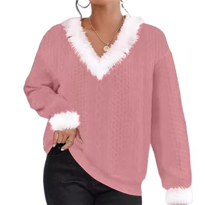 Christmas Sweaters for Womens Furry V Neck Waffle Knit Pullover Sweatshirts Winter Fall Casual Long Sleeve Sweater Tops B Pink