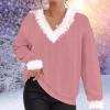 Christmas Sweaters for Womens Furry V Neck Waffle Knit Pullover Sweatshirts Winter Fall Casual Long Sleeve Sweater Tops B Pink view 2