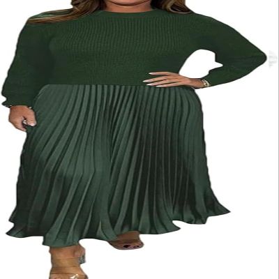MJFGJSDW Women's Solid Color Long Sleeve Jumper & Pleated Bottom Dress, Long Sleeve Maxi Dress for Women, Casual Dresses(Gn,Large)