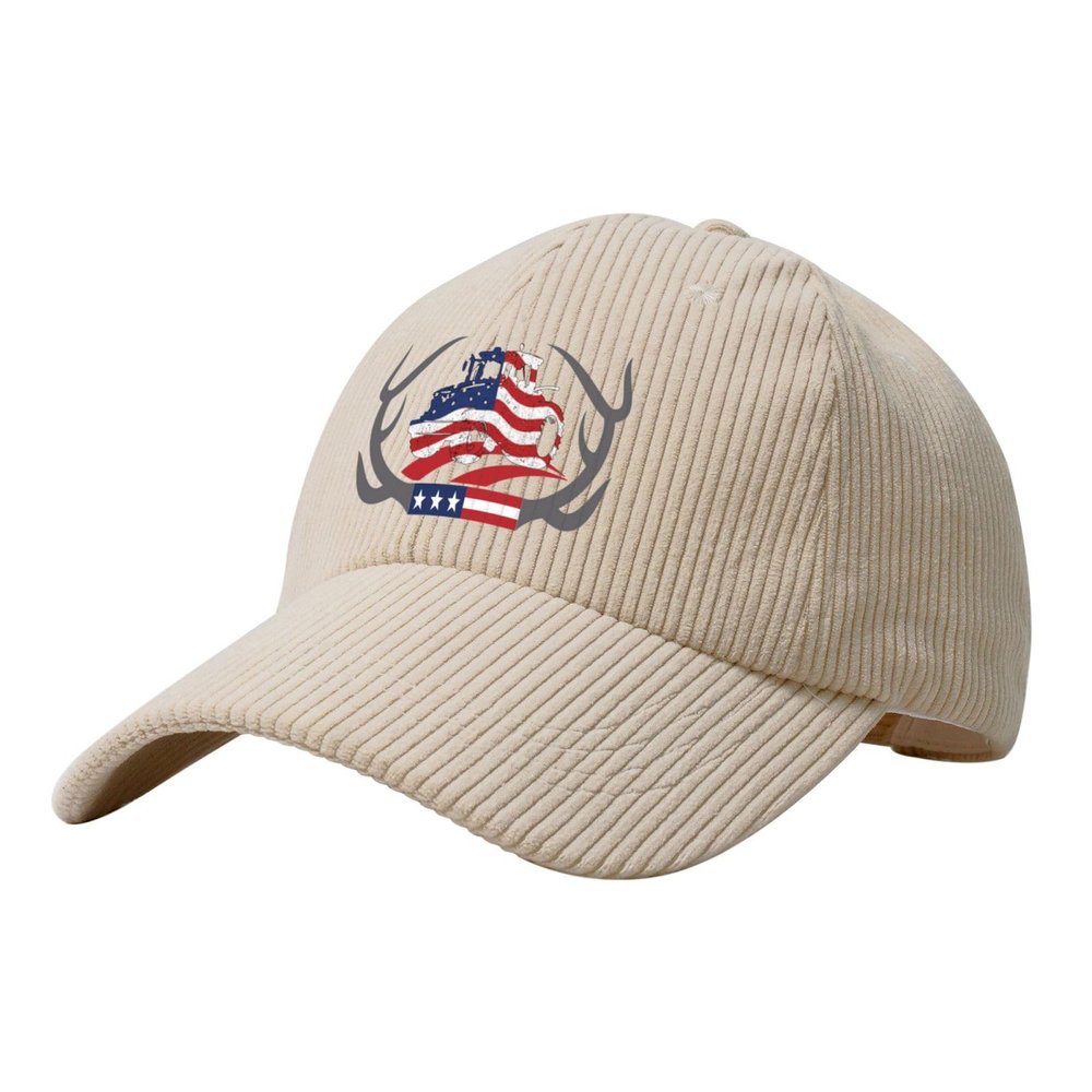 Antler Farm Tractor American Flag Retro Adult Corduroy Baseball Cap Soft Adjustable Dad Hat Trucker Hats38 Beige