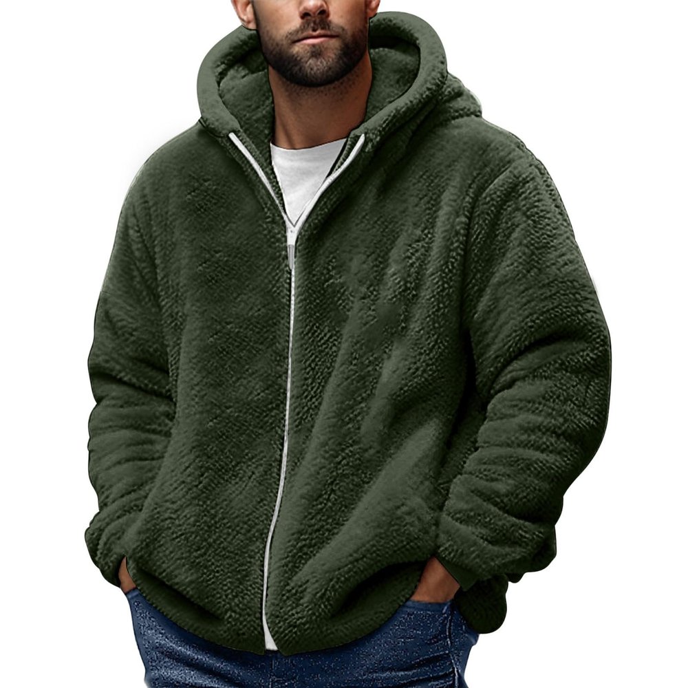 Muscularfit Mens Fuzzy Sherpa Jacket Fleece Long Sleeve Full-Zip Hooded Shirt Casual Warm Winter Jacket Coats Outdoor Fashion Cyber of Monday Deals 2024 Men Men Sweatshirts Army Green M
